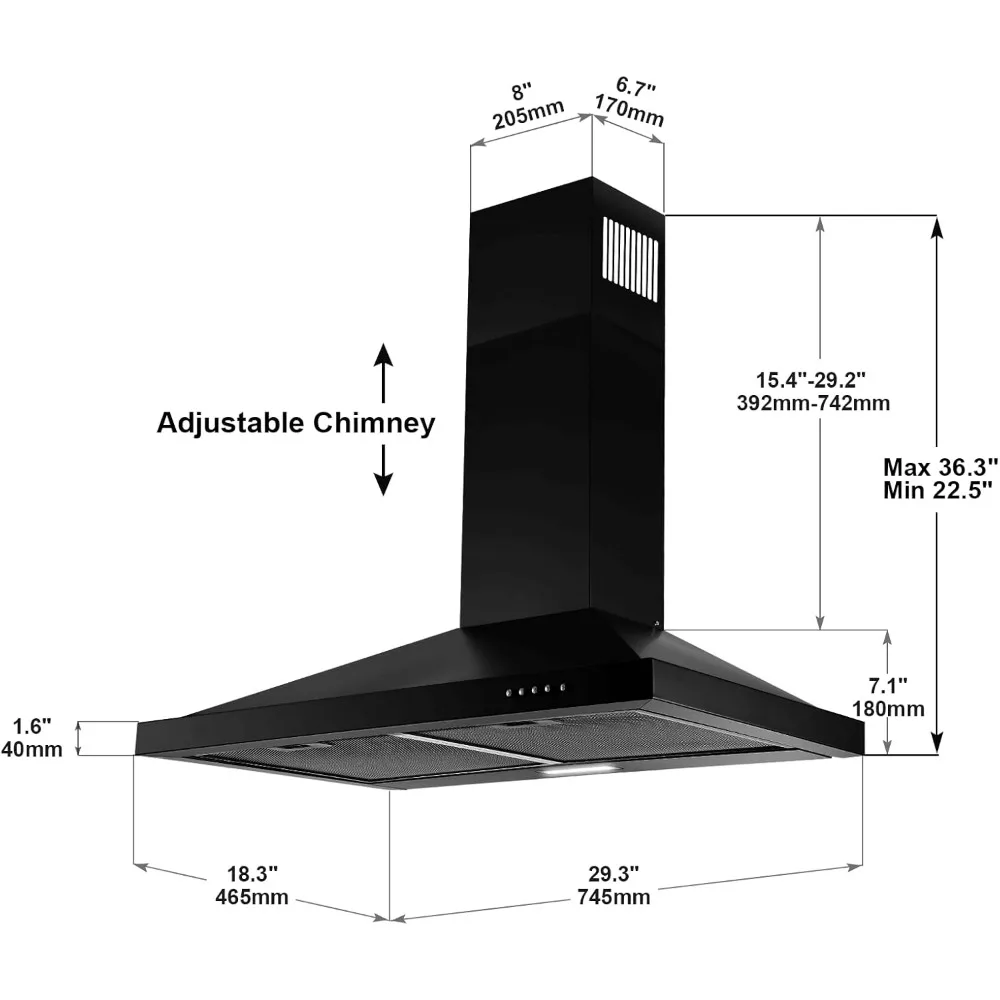 Black Range Hood aberturas para cozinha com conversível canalizado ou ductless, respiradouro capuzes 30"