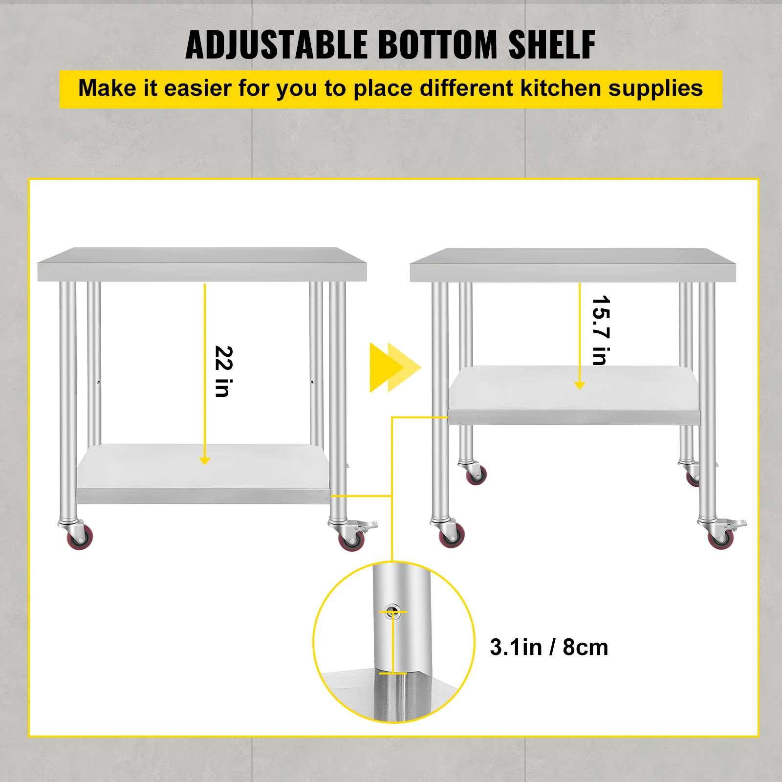 SucceBuy 36 x 30 inch Stainless Steel Work Table with 4 Wheels Heavy Duty Food Prep Worktable for Commercial Kitchen Restaurant