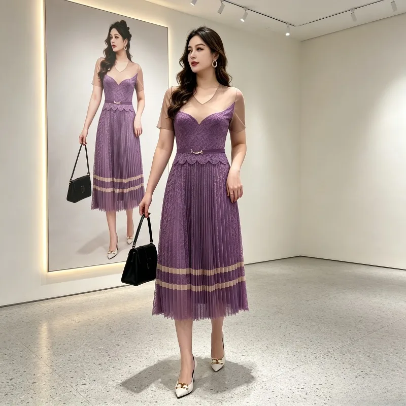 Miyake Pleated 2026 New Spring Summer Plus Size V-Neck Color-Block Metal Buckle Lace Pleated Long Dress with Tie Pleated Dress