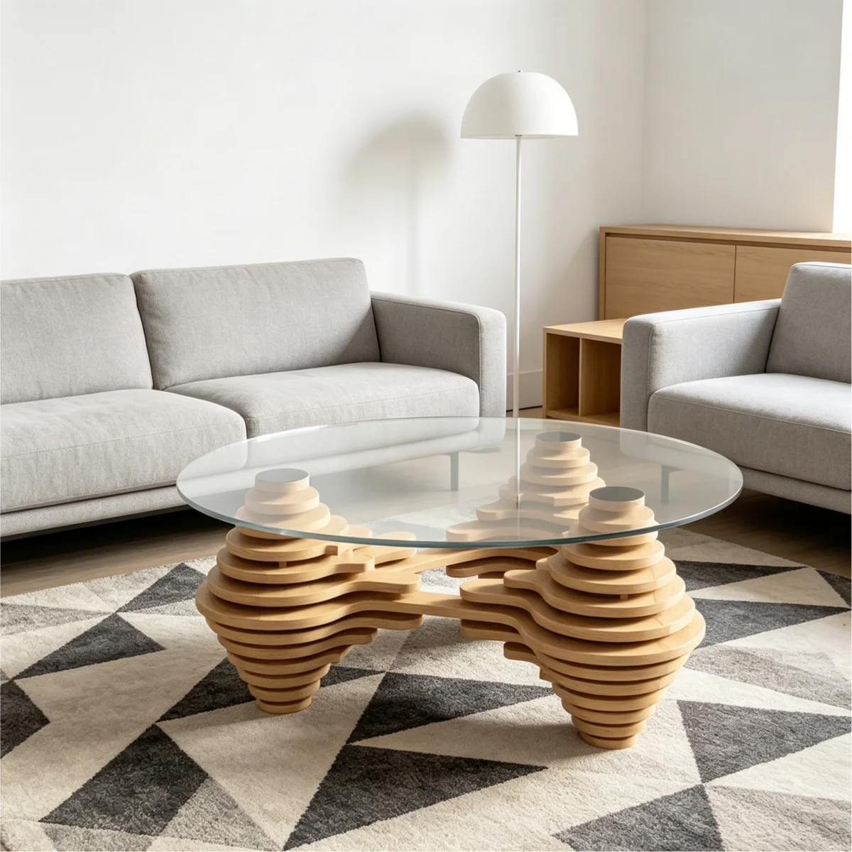 

！@Unique Shape Coffee Table with Clear Glass Top and Artistic Stacked Wooden Legs for Home Lounge Reception Area