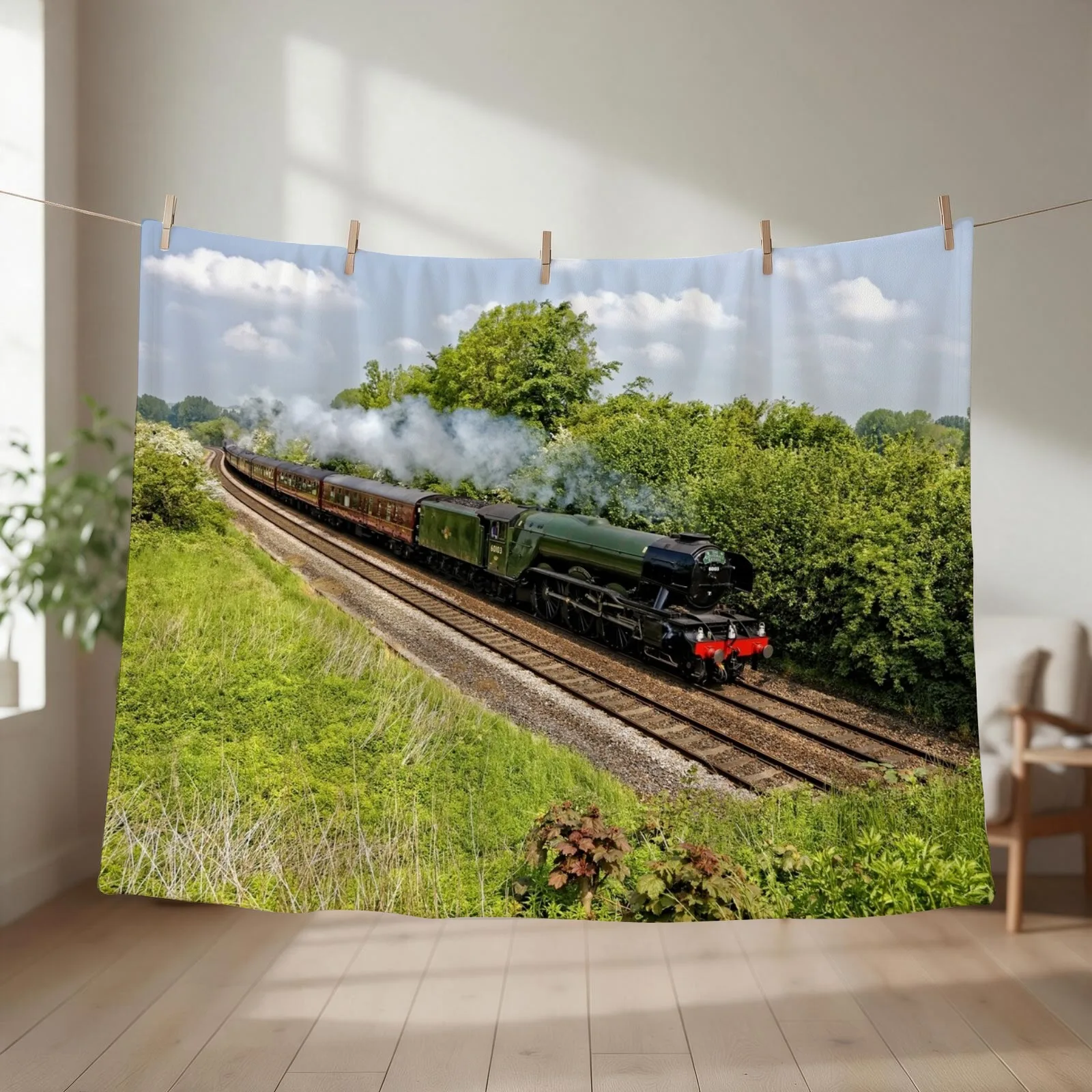 A3 Class 60103 Flying Scotsman Steam Locomotive Throw Blanket couch cozy soft plush fuzzy picnic outdoor blanket