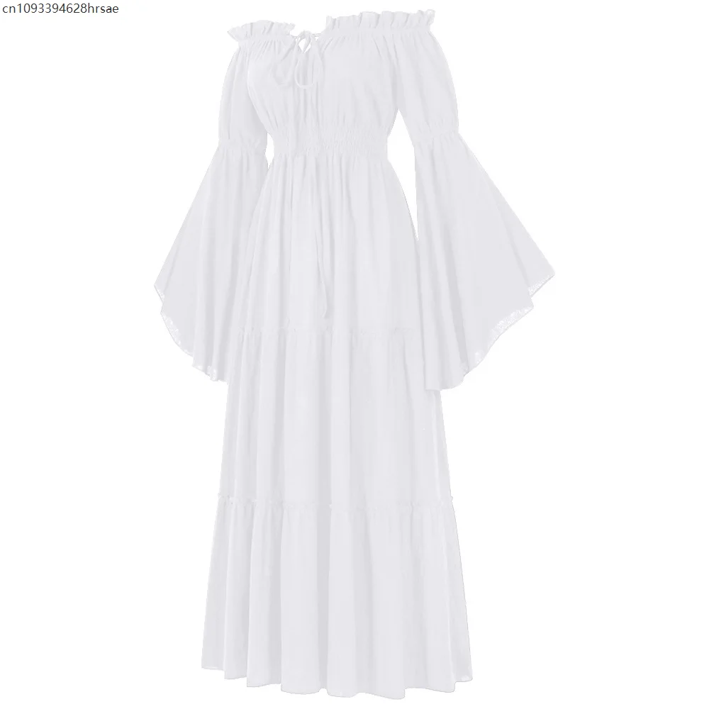 

Women Renaissance Irish Dress Off Shoulder Medieval Peasant Dress Pirate Costume Wench Retro Gown Smocked Waist Maxi Long Dress