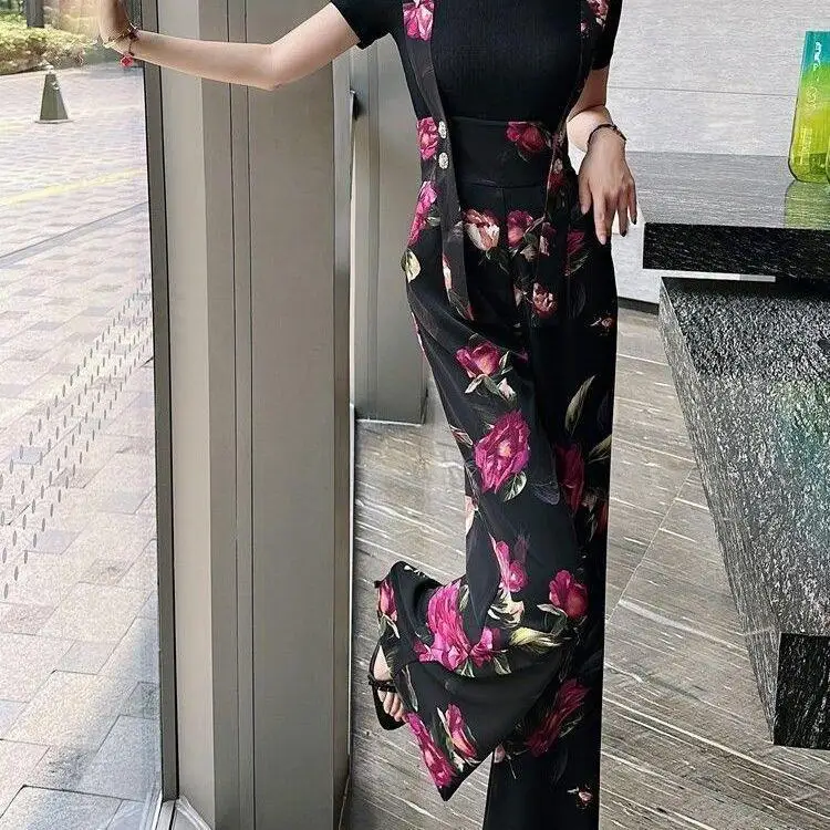 

New Summer Fashion Rose Printed Strap Pants Women Elegant High Waist Slim Wide Leg Pants Rompers Party Trousers Celebrity