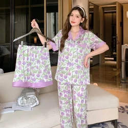 Women's Flower Pajamas Three Piece Set Female Summer Women's Pajamas Set Home Wear Short-Sleeved Top and Shorts Korean Fashion