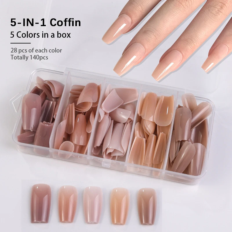 140PCS 5-in-1 Coffin Natural Soft Nail Tips Set Press on Nails Ultra-Fit Gel Nail Extensions Manicure DIY Black French Fake Nail