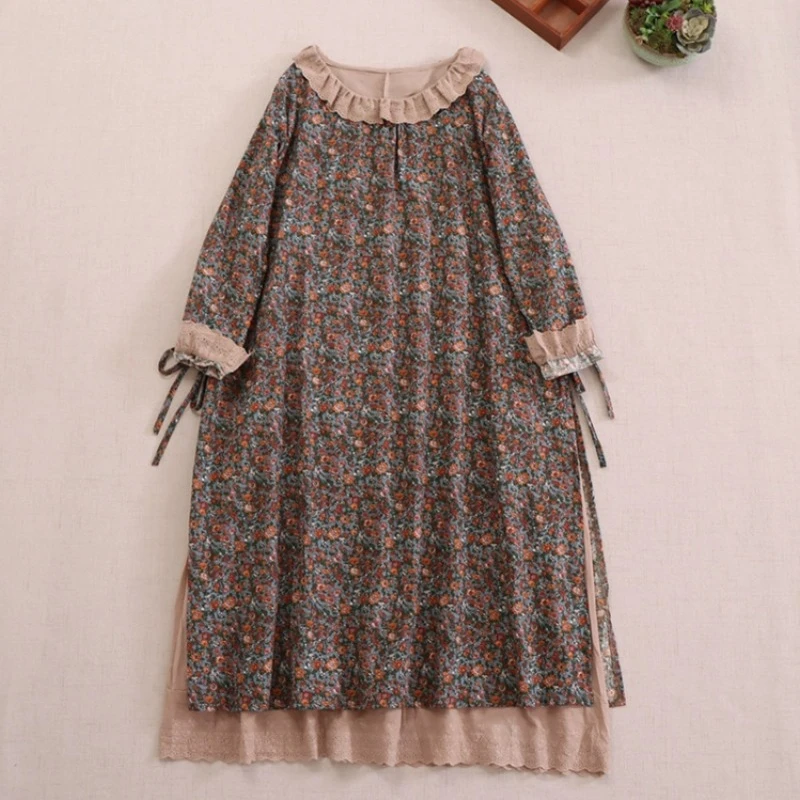 Vintage Cute Cotton Linen Women Dresses Lace Ruffles Collar Loose Boho Style Long-sleeved Floral Print Long Female Dress Vestido