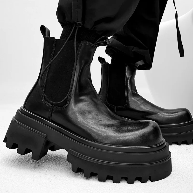 

Мужские модные оригинальные кожаные ботинки больших размеров, туфли без шнуровки на платформе, ковбойские высокие ботинки «Челси», мотоциклетные ботинки для ночного клуба
