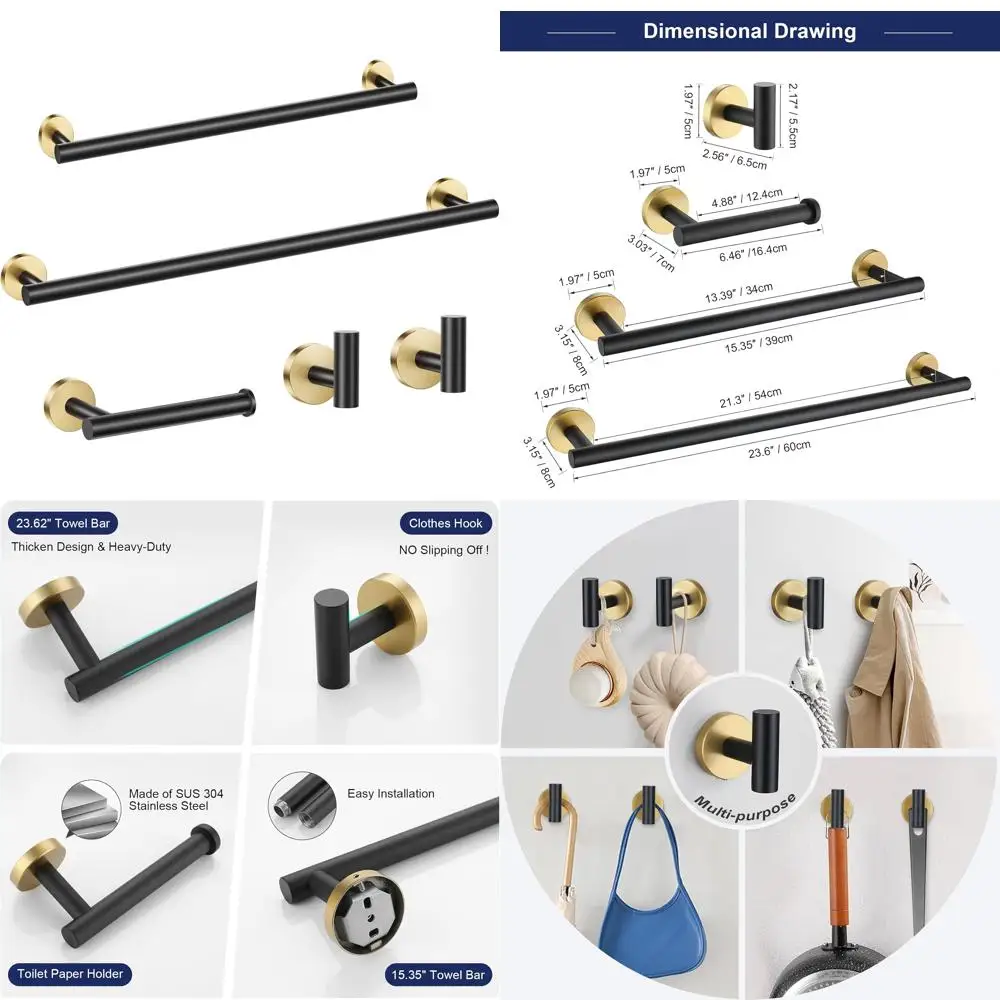 

Modern 5-Piece Black Gold Bathroom Hardware Set, 23.6 Towel Rack, SUS304 Stainless Steel Bath Accessories