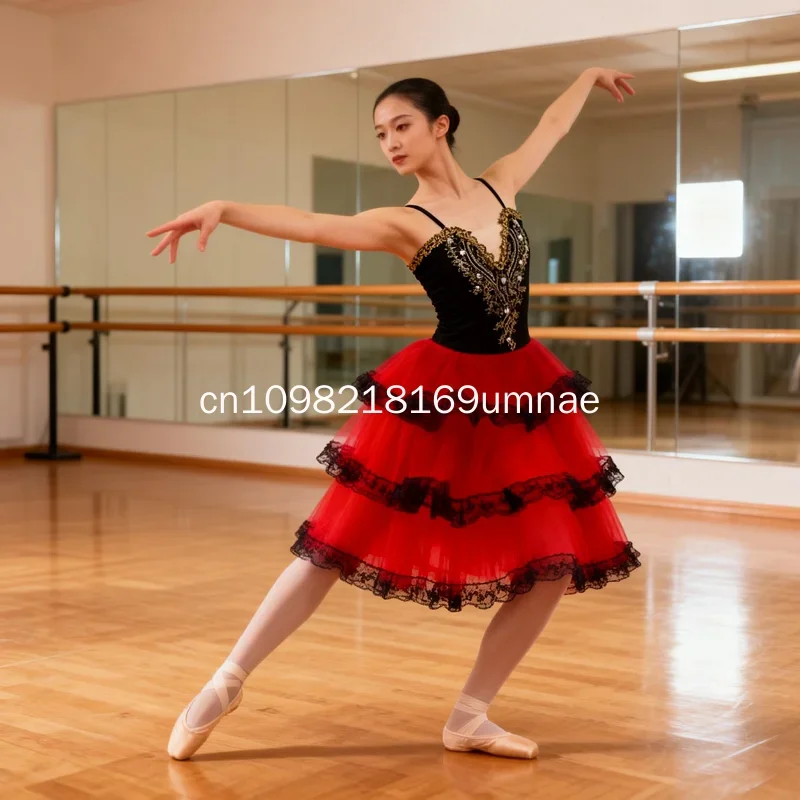 Romantic Ballet Tutu Skirt For Girls Kids Red Spanish Dress For Adult Women Soft Tulle Long Dress Performance Ballerina Costumes