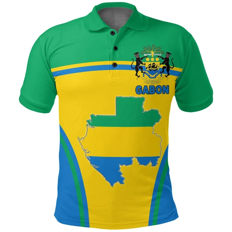 Africa Gabon Map Flag 3D Printed Polo Shirts For Men National Emblem Short Sleeve Patriotic Coat Of Arms POLO Shirt Jersey Tops