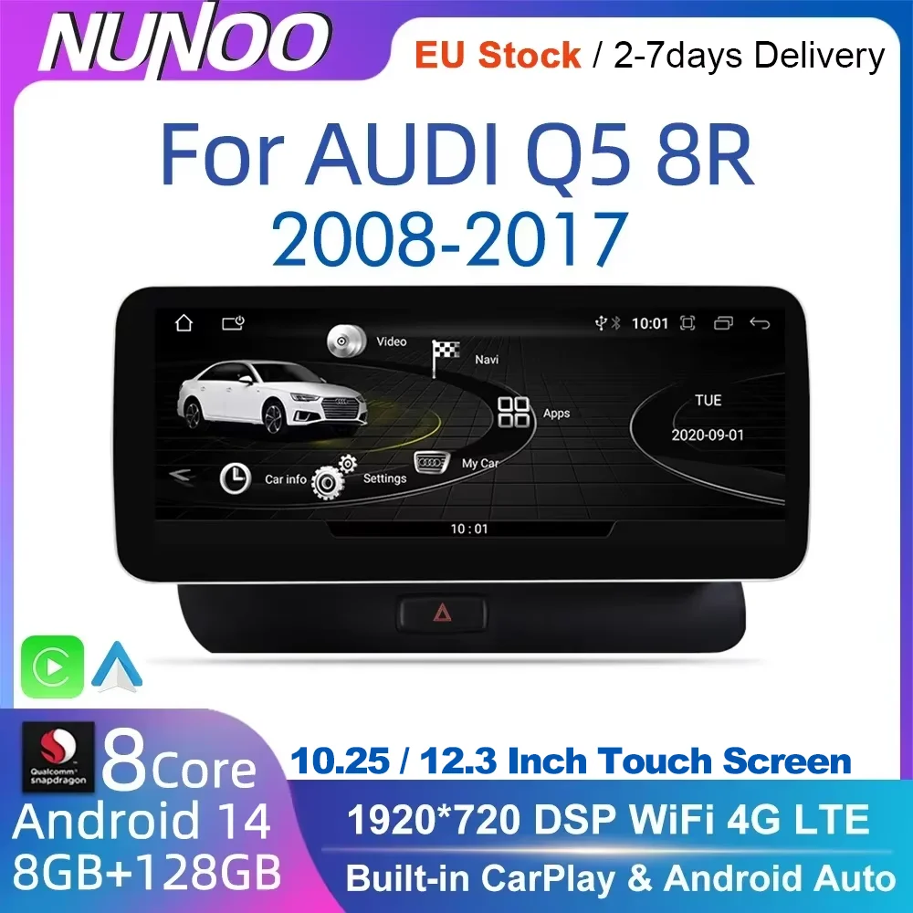 

12,3 Android 14 система автомобильного радио стерео для Audi Q5 8R 2008-2017 WiFi 4G LTE 8 + 128 ГБ CarPlay BT IPS сенсорный экран GPS