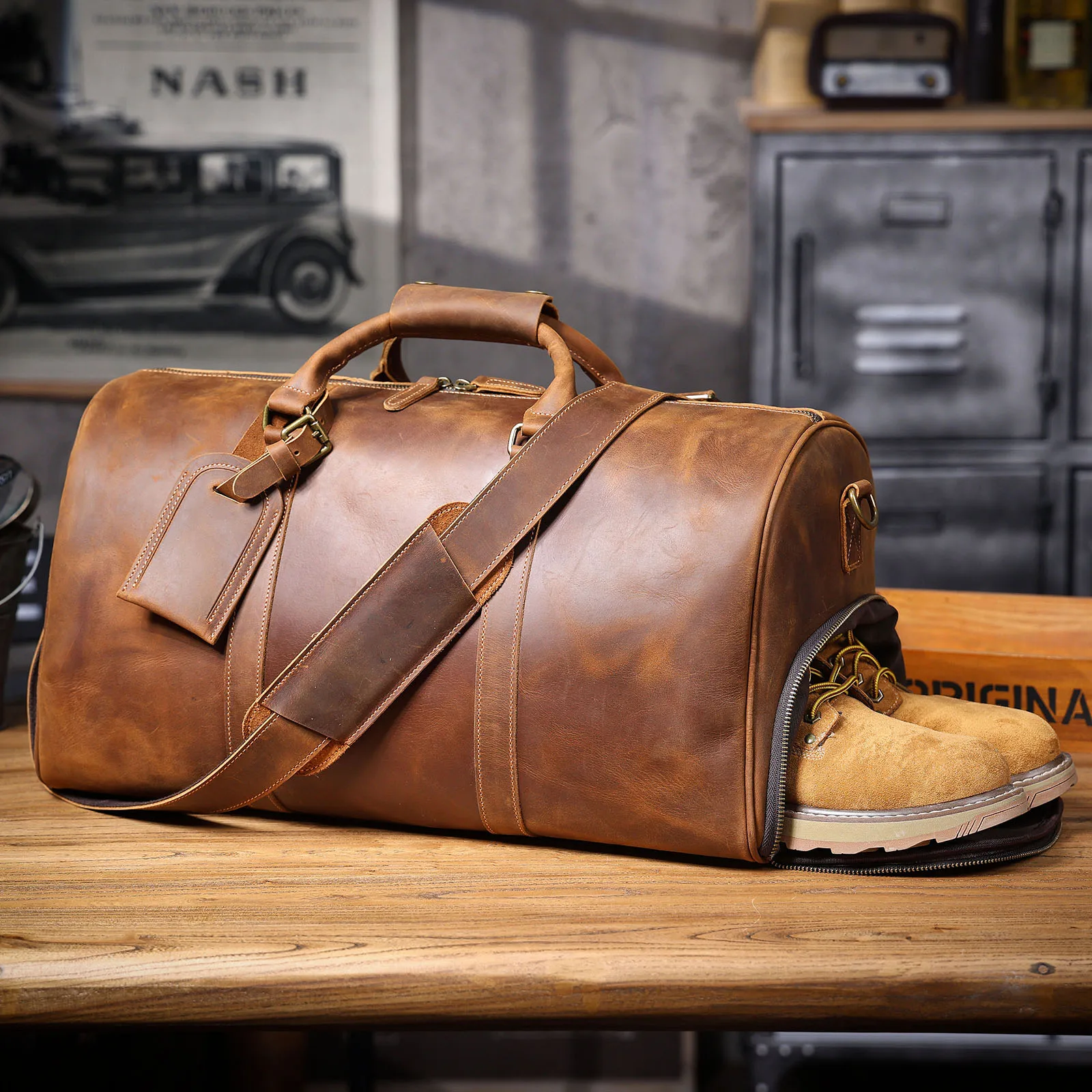 S.WORKER Vintage Vollnarbenleder Herren-Reisetasche Handgefertigte Weekender-Reisetasche – Detail 16
