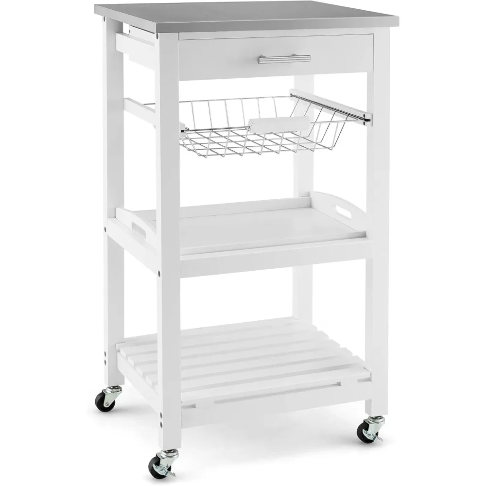 عربة مطبخ خشبية بيضاء مكونة من 4 طبقات مع عجلات ودرج، عربة أدوات دوارة لاستخدام القهوة وجزيرة المطبخ