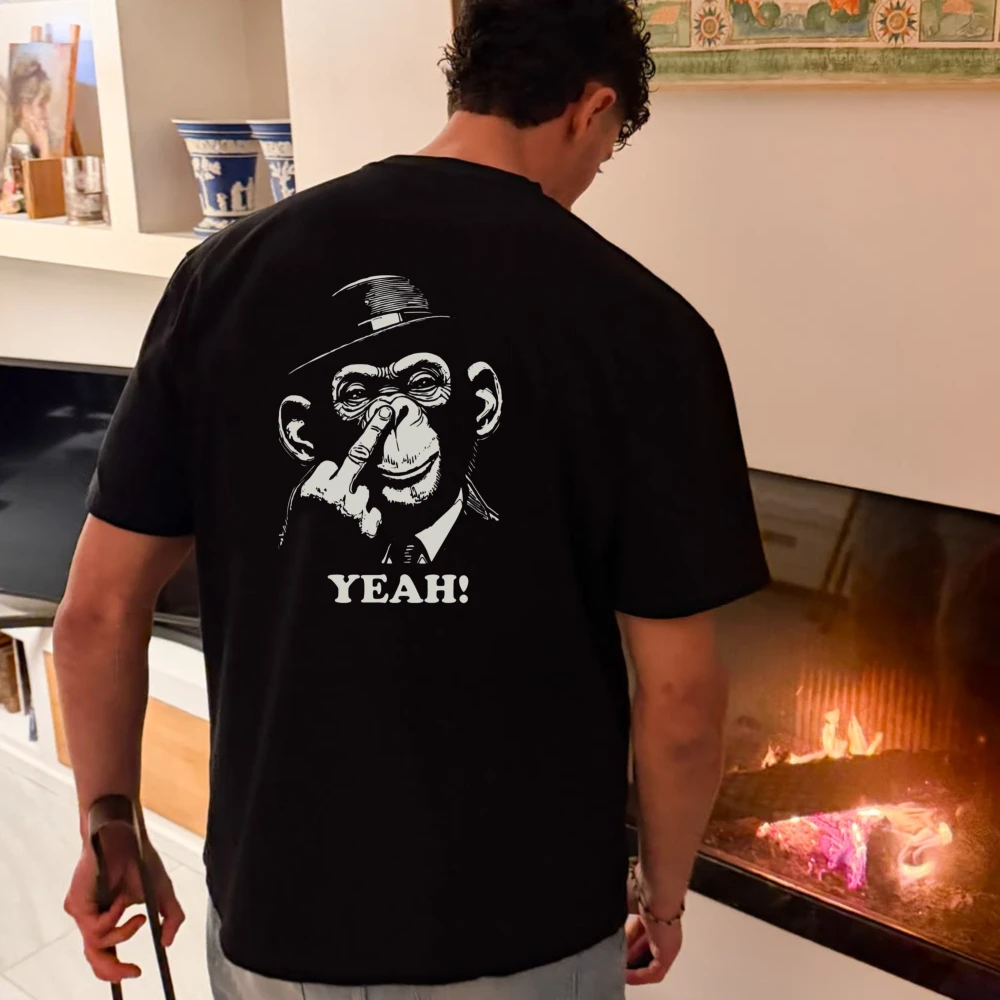 Men's Funny Vintage Gangster Chimpanzee Yeah Graphic T-Shirt Men Back Print Cotton Short Sleeve Retro Monkey Meme Casual Tee