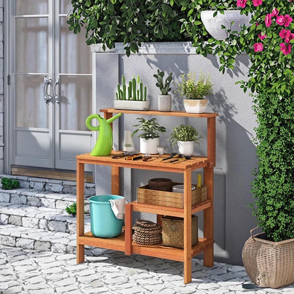 Outdoor Furniture Garden Potting Bench Table with Open Shelves for Patio Horticulture Work