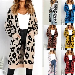 Long Leopard Cardigan Thick Knit Sweater Women Spring Autumn Soft Coat Pink Maxi Camel Long Knitted Jacket Cardigan Streeetwear