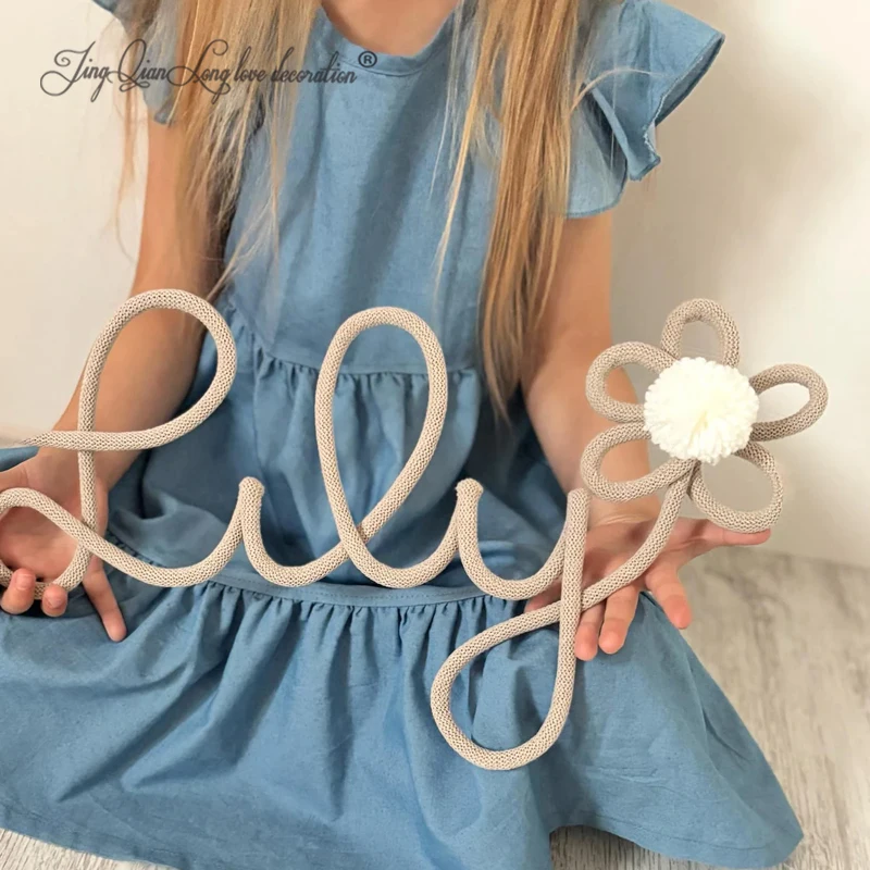 Custom Personalized knitted wire name sign with pom pom for baby nursery or kids room