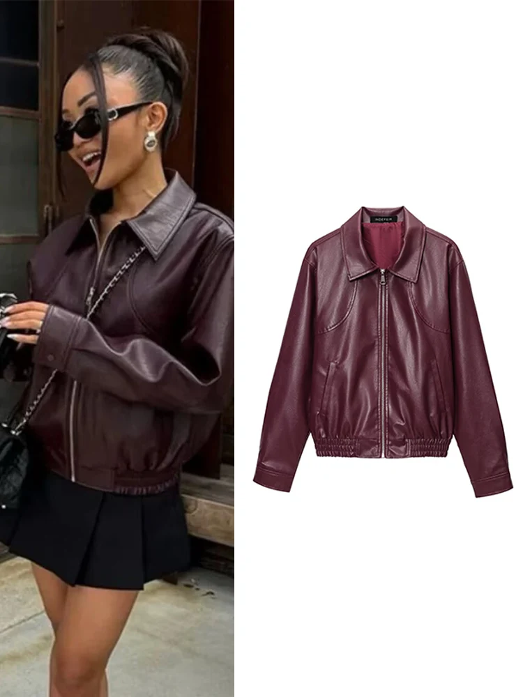 

TFMLN женская куртка из искусственной кожи, винтажное пальто с длинными рукавами, весенне-осенняя короткая куртка-бомбер, модная повседневная женская верхняя одежда