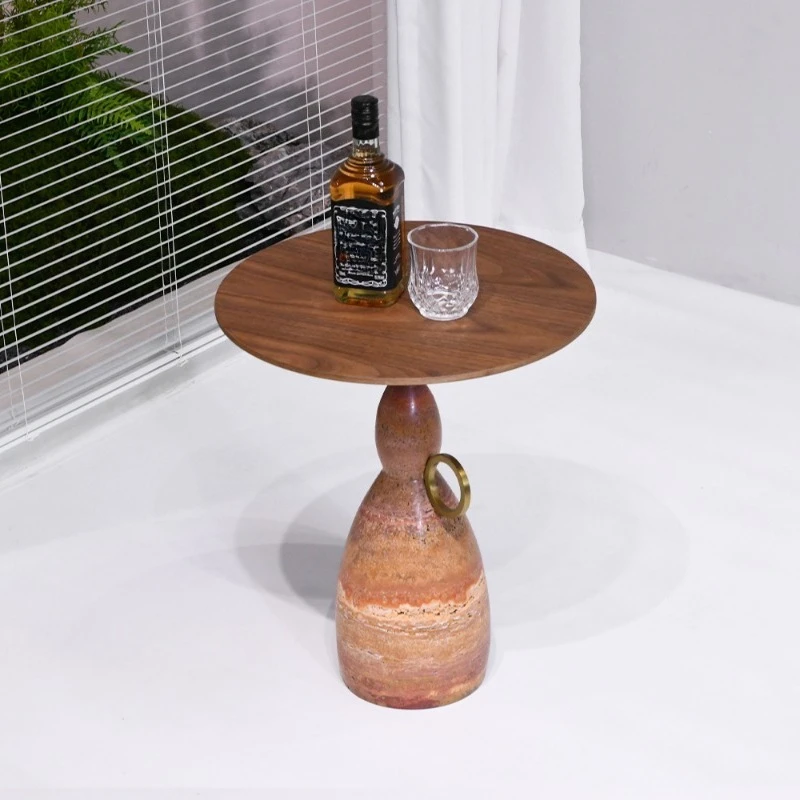 Round side table wood surface quartz stone base small coffee table living room