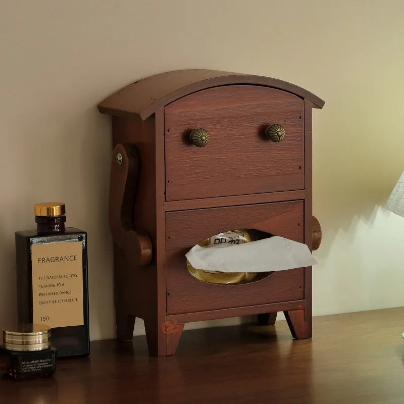

Solid Wood Smiling Robot Tissue Box, Creative Desktop Storage Organizer with Drawer for Roll Paper and Tissues, Multi-Purpose
