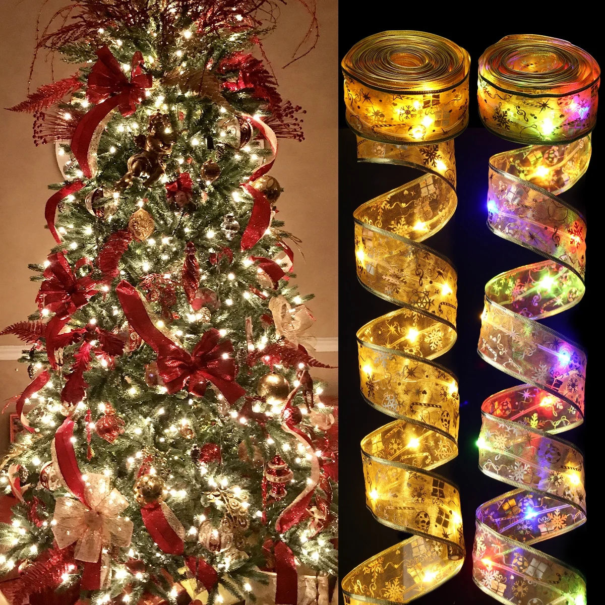 Christmas Ribbon Fairy Light Merry Christmas Decorations For Home 2024 Xmas Tree Ornaments String Lights Navidad Natal New Year