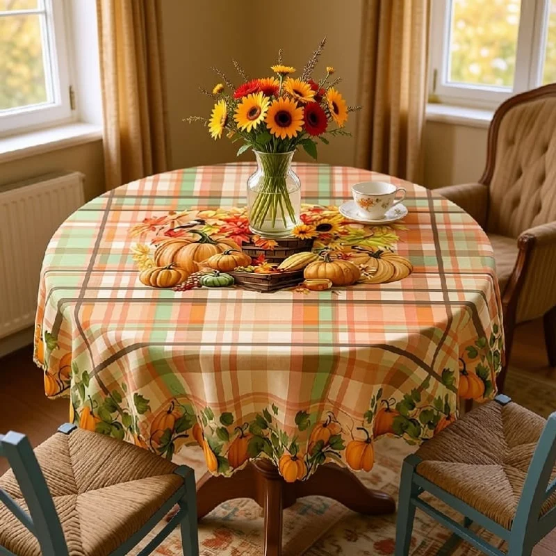 Vespri autumn tablecloth, with red and green decorations, featuring checks, pumpkins and sunflowers.zyc