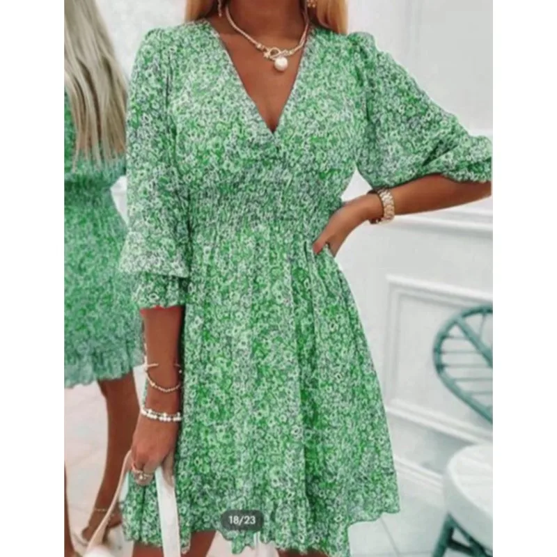 Women Summer Fashion Bohemian Dresses 2025 Summer Waist Pullover Deep V Neck Beach Dress Printed Short Sleeve Floral Vestidos