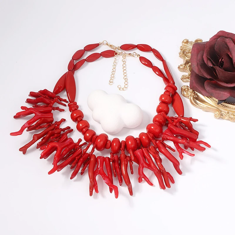 2Pcs Vintage Exaggerated Red Coral Beaded Necklace For Women Girls Bohemian Style Statement Irregular Necklace Holiday Gifts