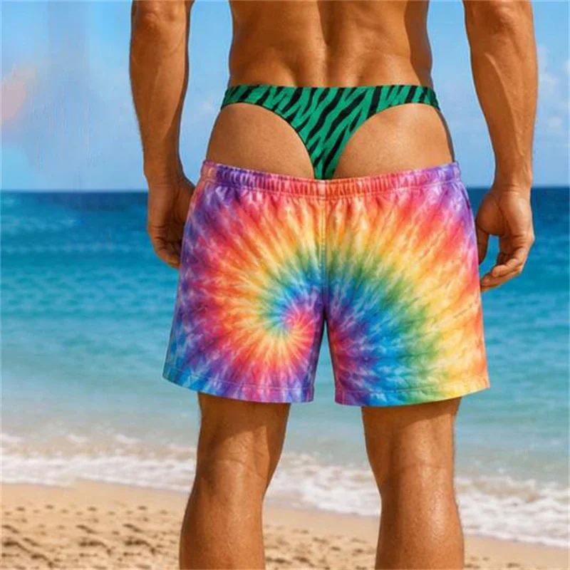 Humor Joke Optical Illusion Board Shorts for Men Hippie Rainbow Spiral Tie‑Dye Print Prank Holiday Swim Shorts