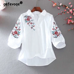 Summer Fashion Polo-neck Embroidery Loose Casual Pullover Tops Women Simple Vintage All-match Blouse Female Half Sleeve Shirt