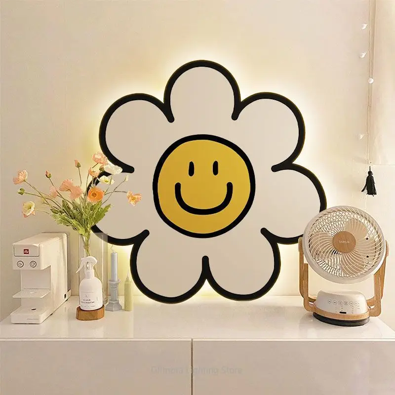 Minimalist Smiley Sunflower Round LED Light Painting for Bedroom,Ambient Glow Art for Dining Room,Decorative Happy Wall Hanging