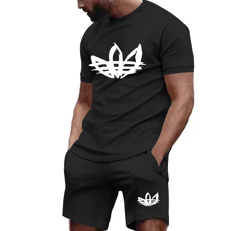 

2025 Men's Running Tight T-shirt Sports Set Gym Fitness Top With Beach Pants 2Pc Quick Drying Sportswear Fashion 3XL Clothing