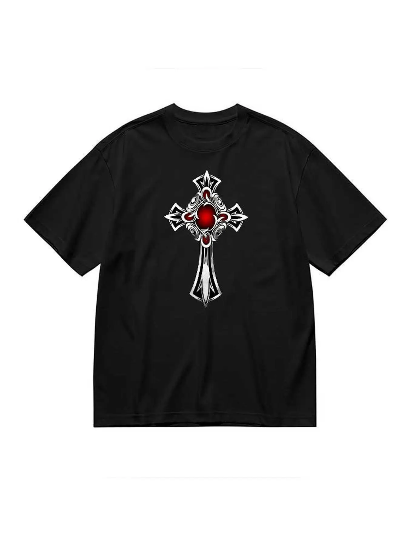 Gothic Cross Graphic T Shirt Women Fashion Short Sleeve Stretchy Plus Size Casual Aesthetic Print Tops Clothes