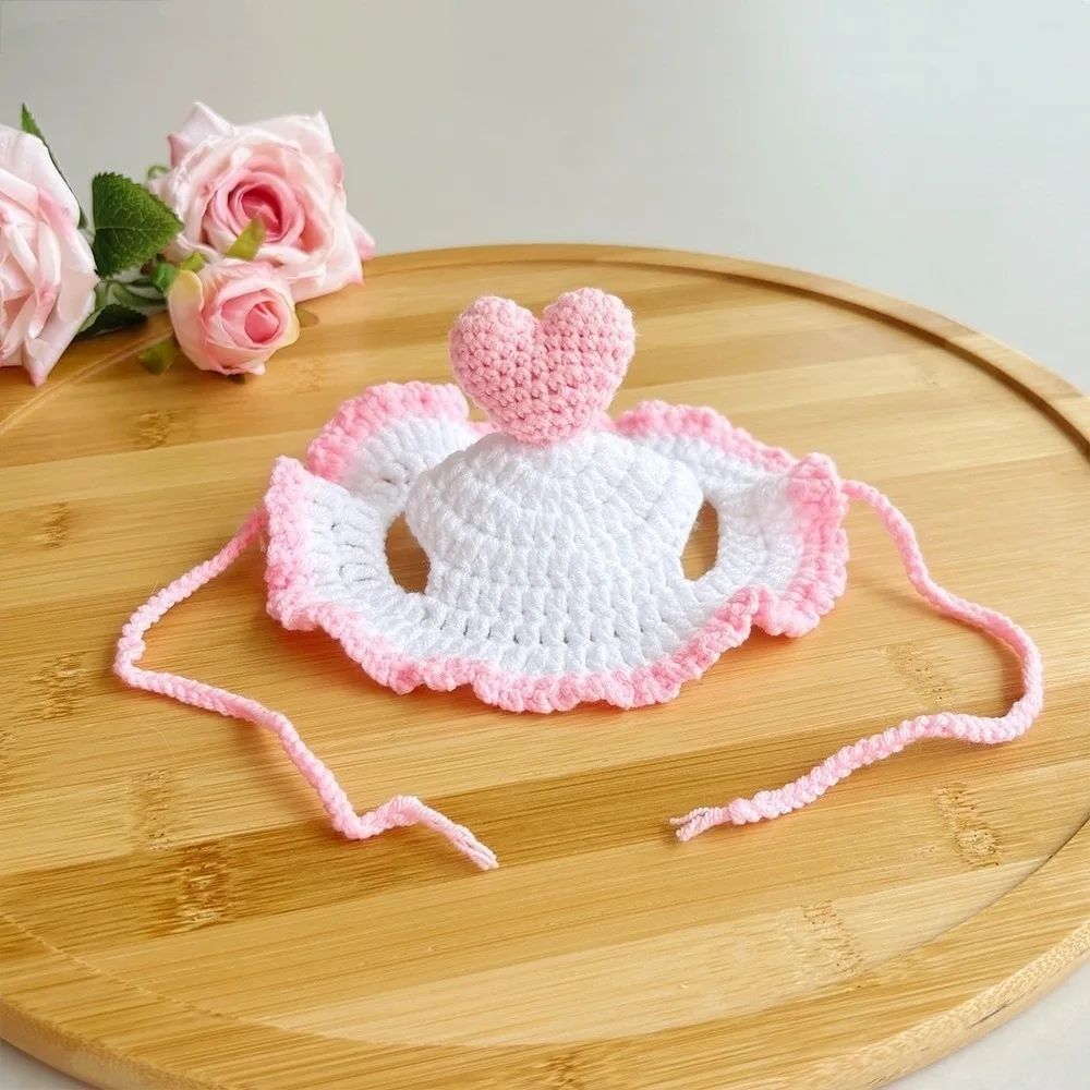 Soft Cat Knitted Hat Heart-shaped Revealing Ears Cat Cosplay Headwear Adjustable Ties Handmade Crochet Cat Hat Style Accessory