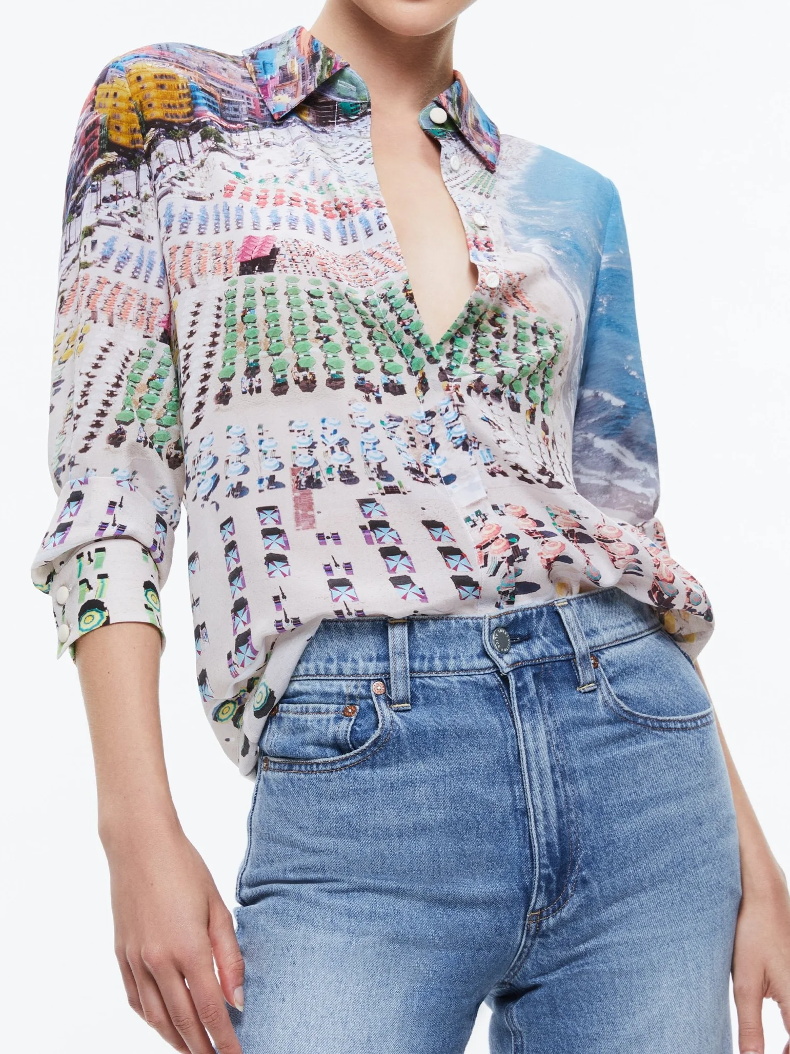 

Beach Style Women Positioning Print Shirt Turn-down Collar Long Sleeve Single Breasted Casual 100% Silk Blouse