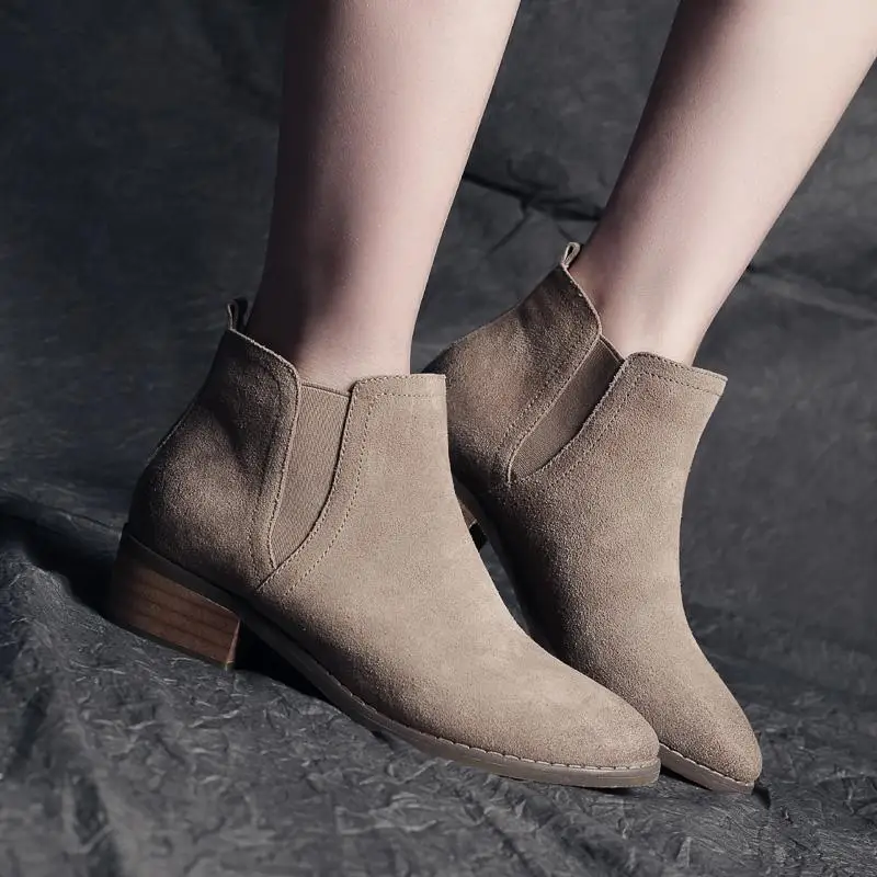 2023 New Autumn/Winter Frosted Leather British Retro Boots Mid Heel Short Sleeve Chelsea Boots for Women