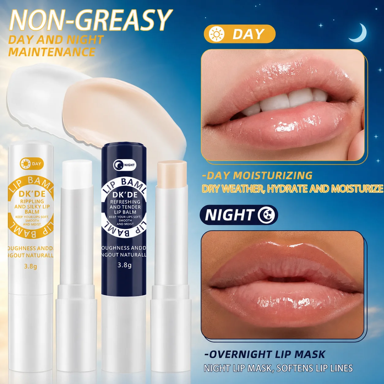 DKDE 2in1 Day Night Lip Balm Set Hyaluronic VE Butter Moisturize Repair Lines Smooth Soft Plump Glossy 24H Hydration Non-Greasy