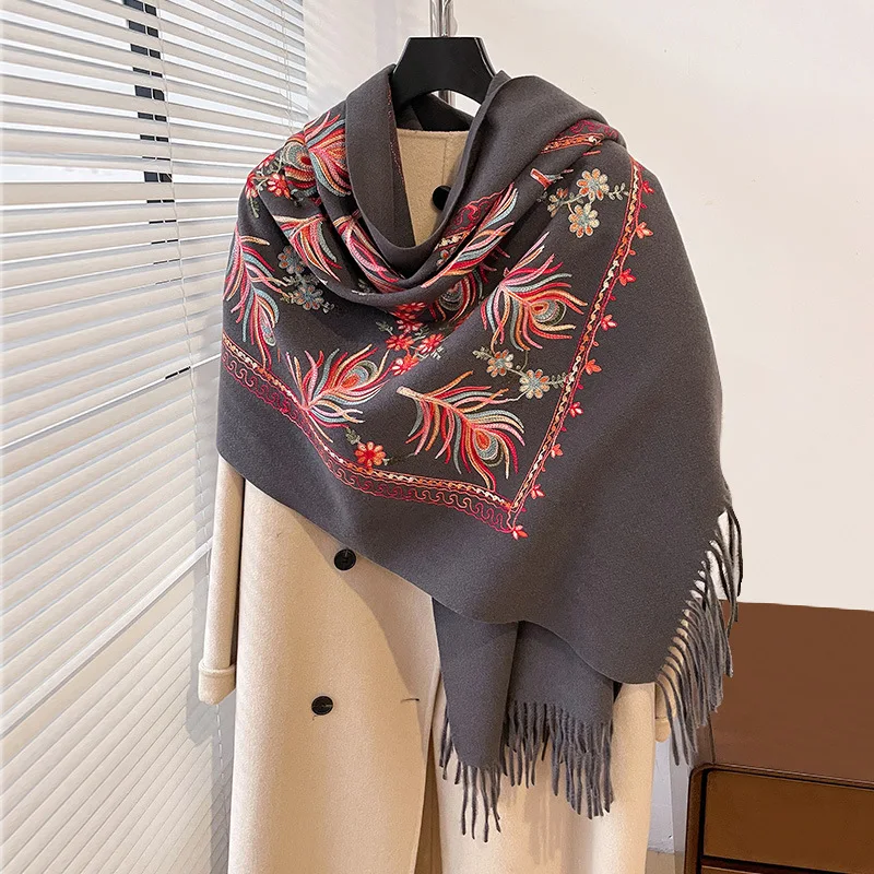 2024 New Women Embroider Feather Pashmina Cashmere Scarf Winter Warm Tassels Scarf Shawl Fashion Scarves Oversize Travel Blanket