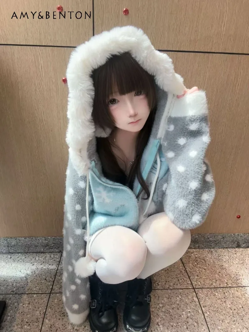 

Kawaii Cartoon Print Plush Hooded Thicken Knitted Cardigan Autumn Winter New Japanese Sweet Cute Loose Casual Cardigan Women