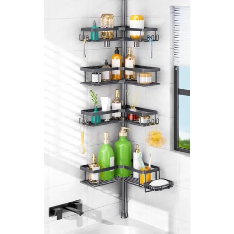 

Corner Bathroom Shower Caddy with 4-Tier Rustproof Shampoo Organizer Shelf and Built-in Soap Holder: No-Drill Adjustable Standi