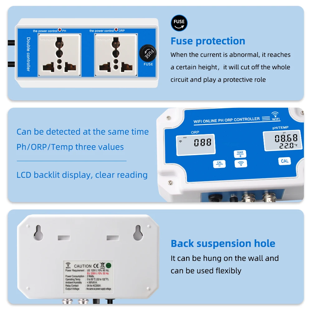 WiFi Temp ORP Misuratore PH Tester di qualità dell\'acqua Analizzatore pH Redox Controller Monitor online remoto intelligente per acquari Piscina