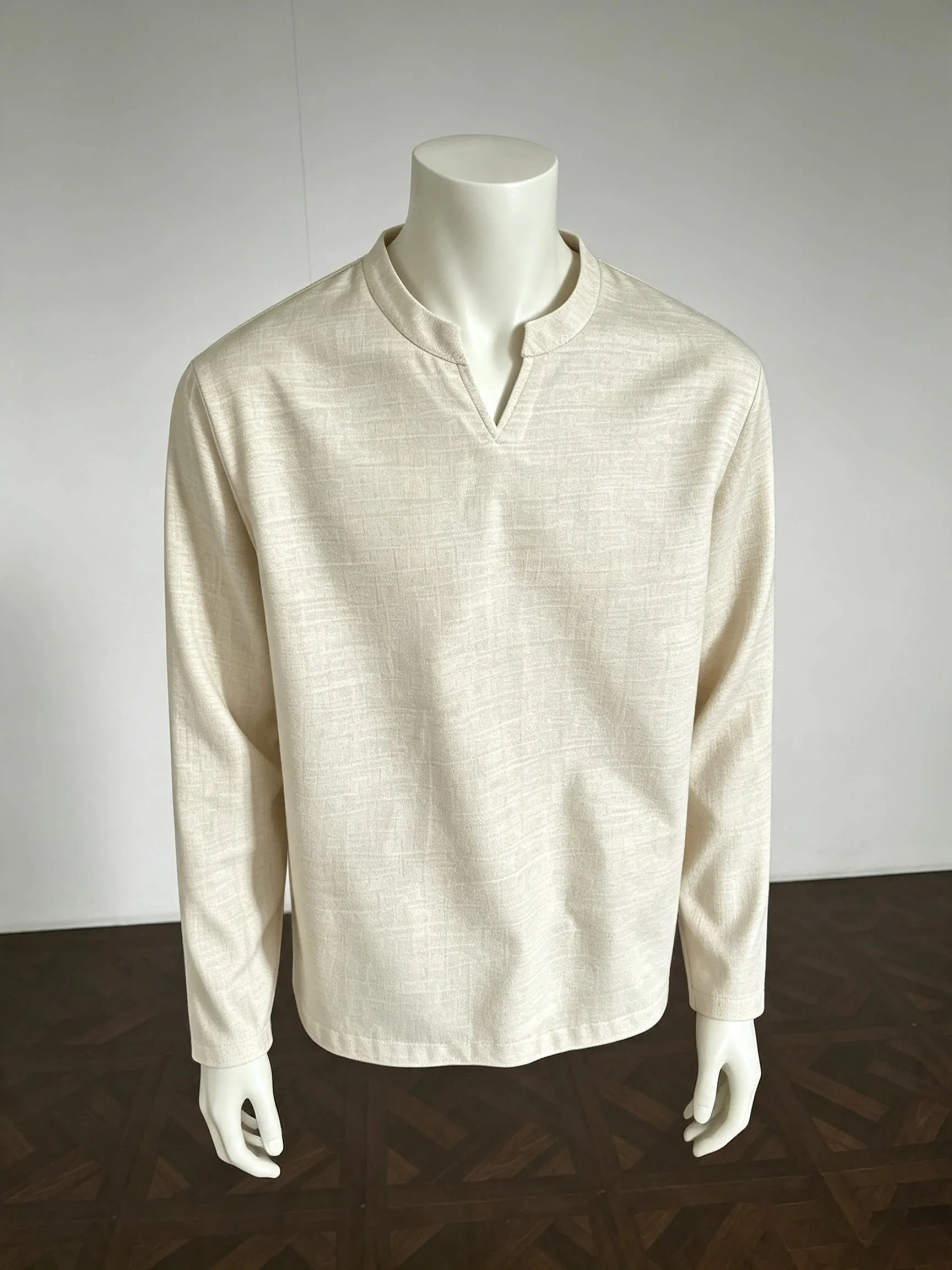 Loose Fit Long Sleeve V-Neck T-Shirt Men's Casual Luxury Lightweight Linen-Like Crew Neck Sweatshirt Standard Fit Youth Trend