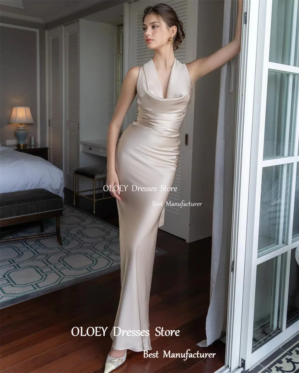 OLOEY Classic Satin Pleat Sleeveless Long Evening Party Dresses US Lady Mermaid Trumpet V-Neck Floor-Length Formal Prom Gowns