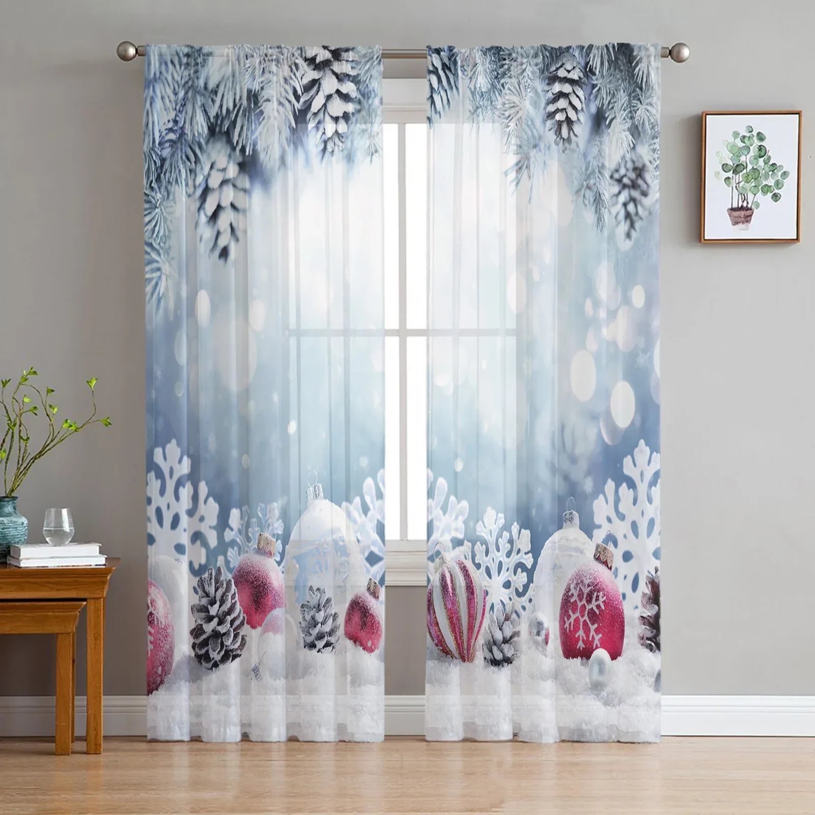 Christmas Snow Snowflakes Leaves Pine Cones Decor Tulle Sheer Curtains Living Room Bedroom Window Curtain Voile Organza Drapes