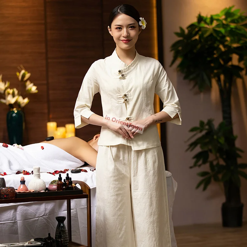 Cotton Linen SPA Salon Beautician Workwear Women Suit Top + Pants Health Club Clothing Sweat Steaming Center Technician Uniform