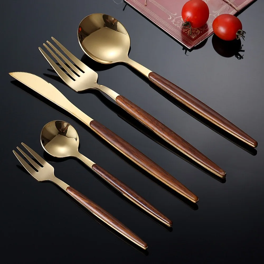 Juego de cubiertos de Portugal de acero inoxidable, mango de madera de imitación, vajilla de cocina dorada/plateada, vajilla de postre con espejo, 4/5 Uds.