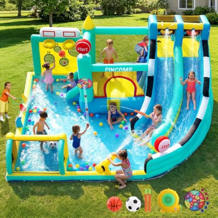 

Bounce House Double Slides for 3-10, Large Bounce Castle with Air Blower 550W, Pool, Jumping, Climbing, Balls, Ring Toss, Infla