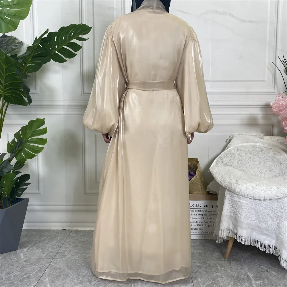 Eid Ramadan femmes musulmanes brillant Satin ouvert Abaya manches bouffantes ceinture Kimono islamique Jalabiya Maxi Robe Robe Cardigan robes