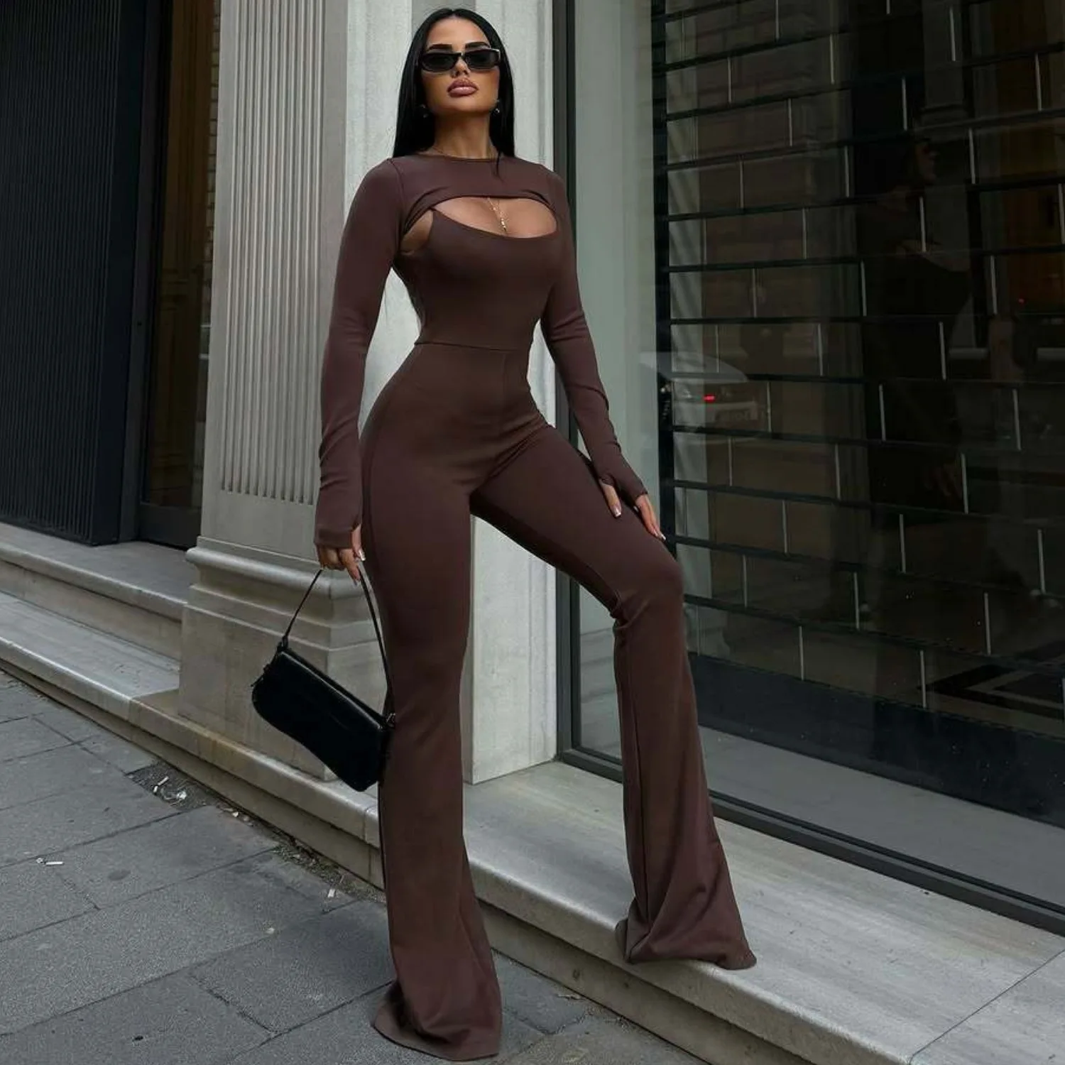 Pantalones de una pieza ahuecados para mujer, sexys, combinables, de poliéster, cintura alta, pierna larga, corte ajustado, informal, manga larga, cuello redondo