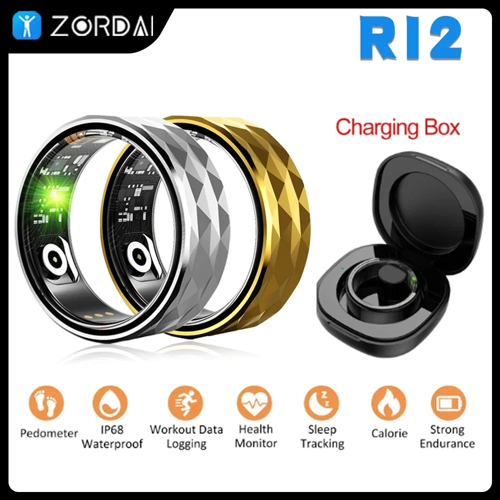 Zordai 2024 Smart Ring Blood Oxygen Health Tracker Ring Exercise Records Calorie Multi Sports Mode R12 Finger Rings Men Women